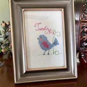 Silver Framed Cross stitched Blue and Pink Bird Art
